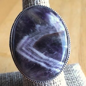 New Chevron Amethyst Quartz Crystal Silver Overlay Vintage Style Ring Size 7.25
